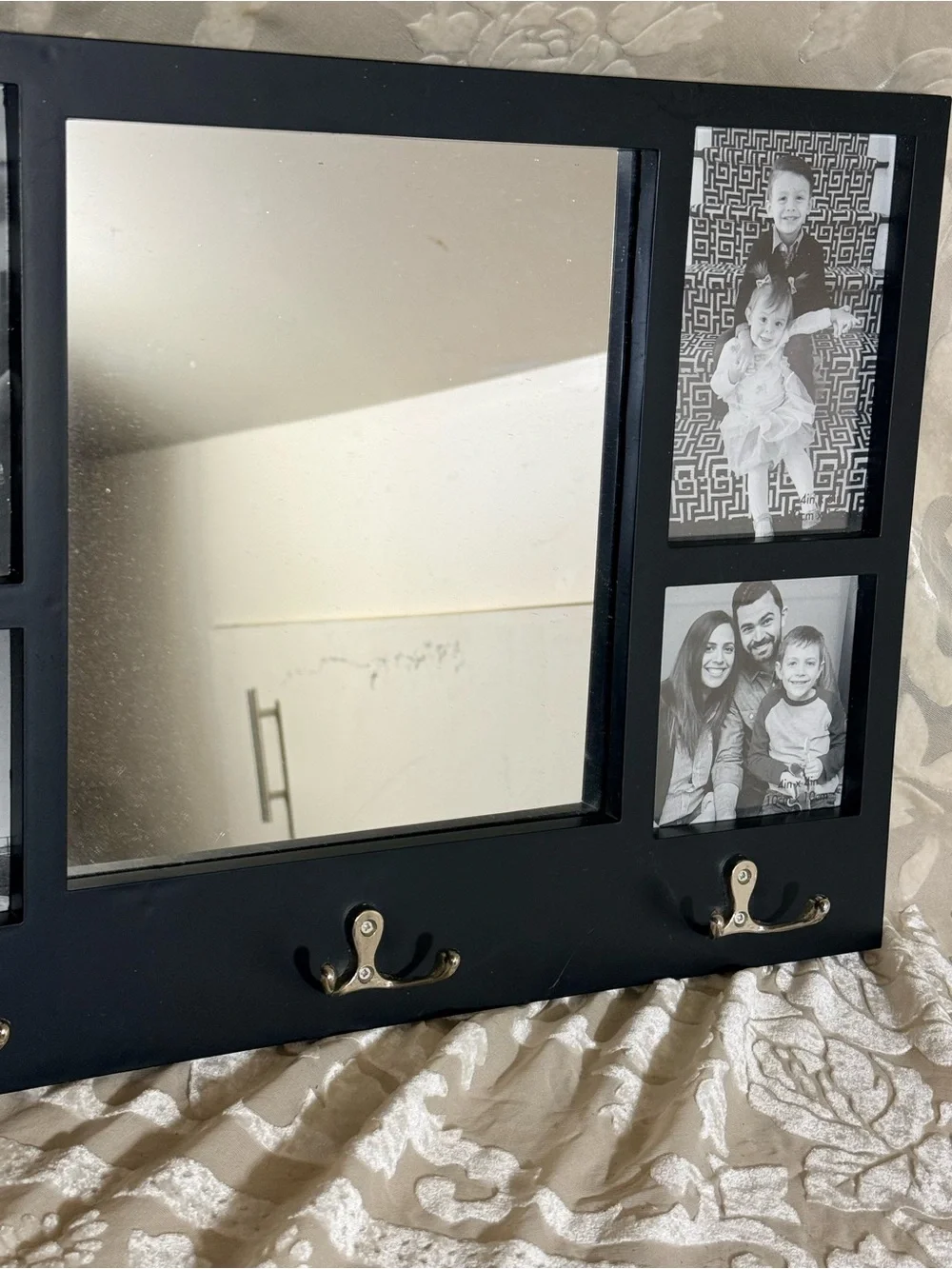Black Wall-Mounted Photo Frame Mirror with Hooks